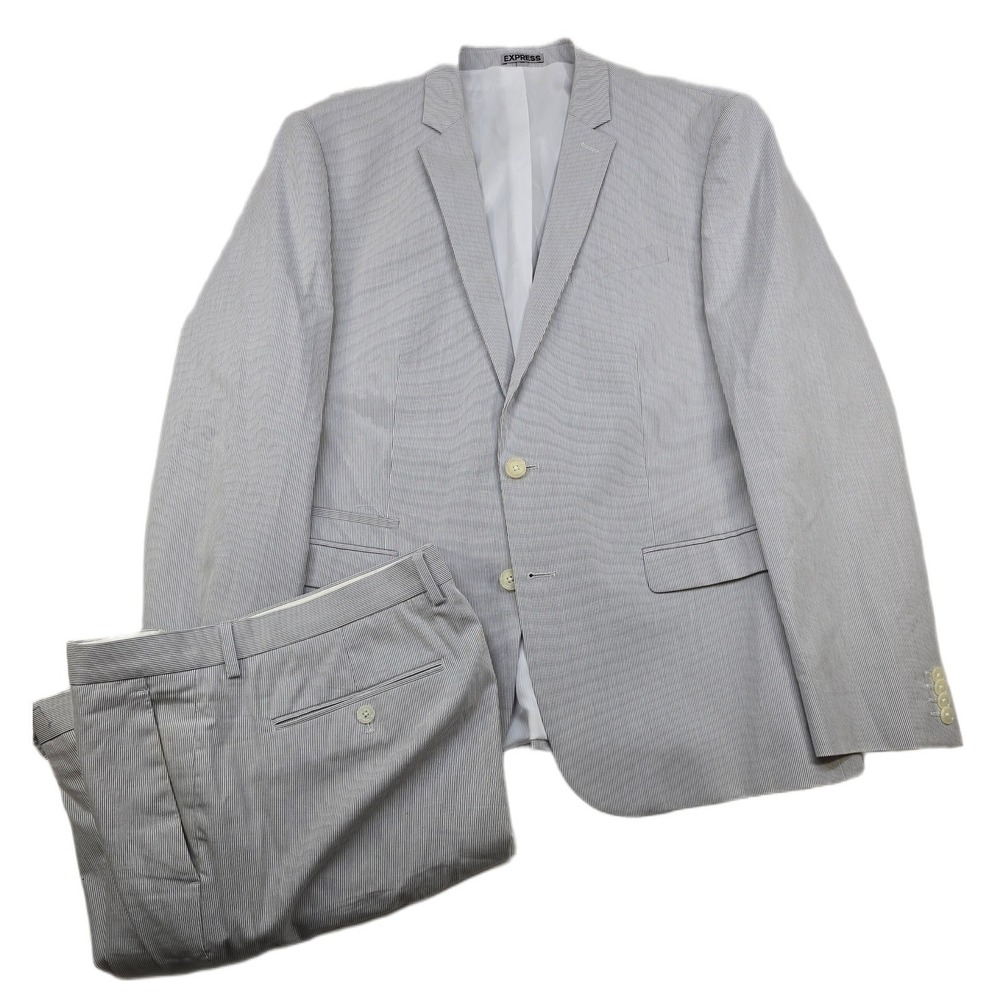 Express Slim Fit Seersucker Suit Mens 44R 2 Piece Pants 38x29 Grey White Photogr